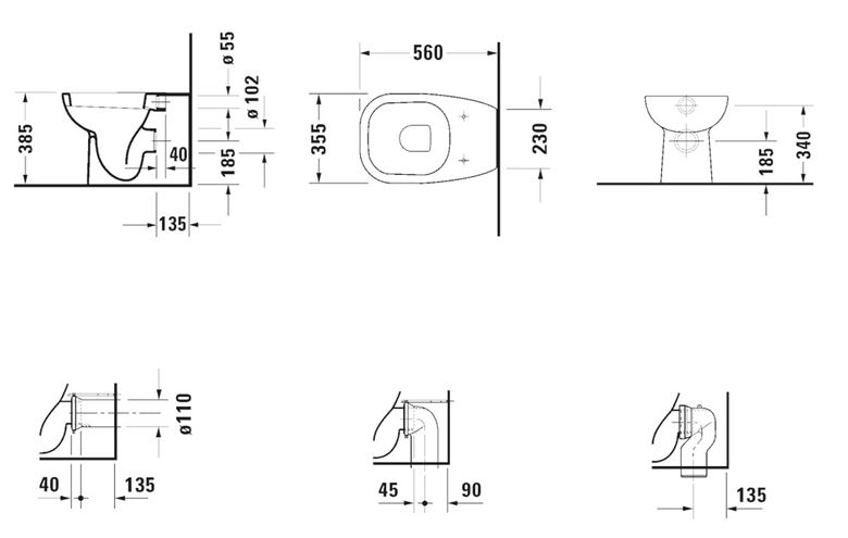 DURAVIT D-CODE stacionárne WC, zadný odpad 21150900002 Technický nákres
