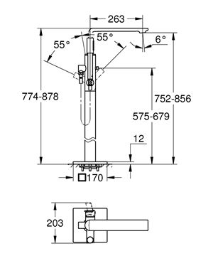 GROHE ALLURE vaňová batéria na podlahu, s prepínačom, so sprchovou súpravou, brúsený cool sunrise 25222GN1 Technický nákres
