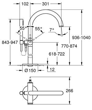 GROHE ATRIO vaňová batéria na podlahu, s prepínačom, so sprchovou súpravou, brúsený hard graphite 24368AL0 Technický nákres