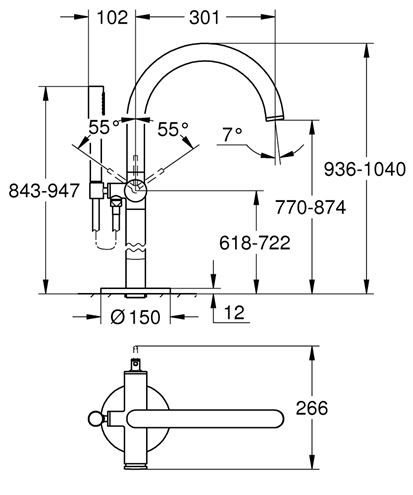 GROHE ATRIO vaňová batéria na podlahu, s prepínačom, so sprchovou súpravou, brúsený hard graphite 24368AL0 Technický nákres