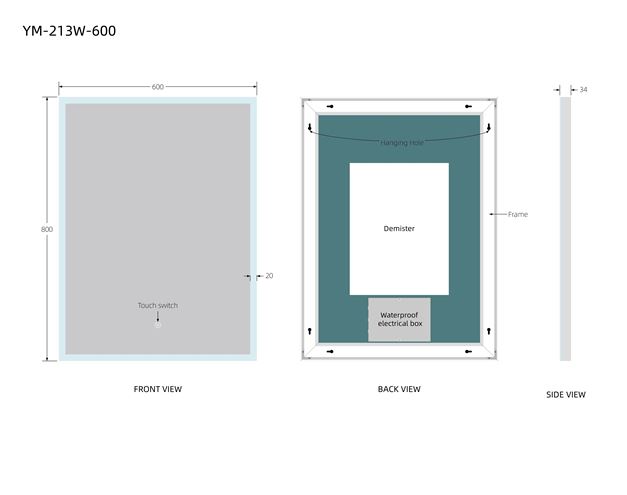 EASY zrkadlo 60x80 cm, s osvetlením, s reguláciou stmievania a teploty svetla, so senzorom, s vyhrievaním YM-213W-600 Technický nákres