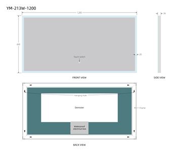EASY zrkadlo 120x60 cm, s osvetlením, s reguláciou stmievania a teploty svetla, so senzorom, s vyhrievaním YM-213W-1200 Technický nákres