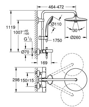 GROHE EUPHORIA SYSTEM 260 vaňová termostatická batéria, s hornou a ručnou sprchou, chróm 26114002 Technický nákres