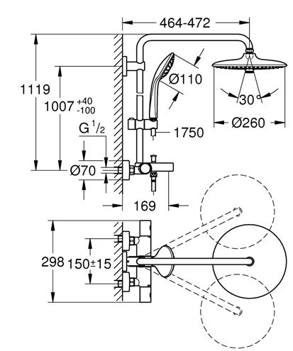 GROHE EUPHORIA SYSTEM 260 vaňová termostatická batéria, s hornou a ručnou sprchou, chróm 26114002 Technický nákres
