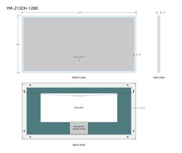 EASY zrkadlo 120x60 cm, s osvetlením, s reguláciou stmievania a teploty svetla, so senzorom, s vyhrievaním YM-213CH-1200 Technický nákres
