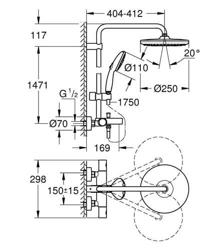 GROHE TEMPESTA SYSTEM 250 vaňová termostatická batéria, s hornou a ručnou sprchou s 2 prúdmi, Water Saving, biela/chróm 26672001 Technický nákres