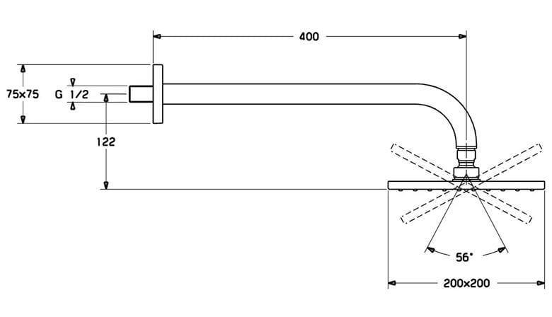 HANSA VIVA horná sprcha 200x200 mm, s ramenom, Eco, chróm 04180240 Technický nákres
