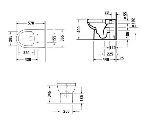 DURAVIT NO.1 stacionárne WC, Rimless splachovanie, zadný odpad 20090900002 Technický nákres