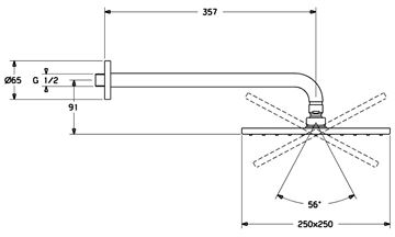 HANSA VIVA horná sprcha 250x250 mm, s ramenom, Eco, chróm 44260340 Technický nákres