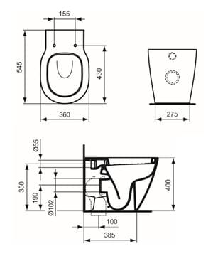 IDEAL STANDARD CONNECT stacionárne WC, zadný odpad E823101 Technický nákres