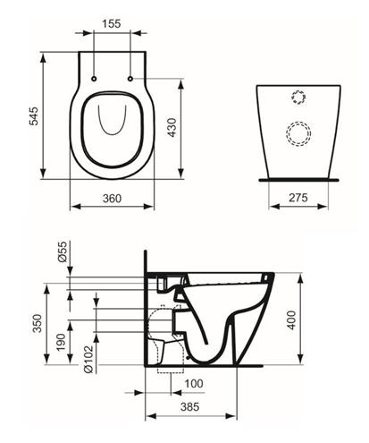 IDEAL STANDARD CONNECT stacionárne WC, zadný odpad E823101 Technický nákres