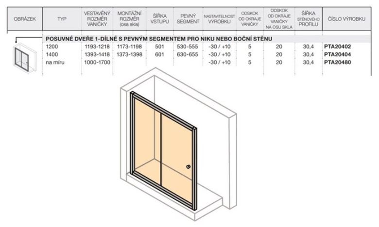 CONCEPT 100 NEW sprchové dvere 120x190 cm, posuvné, strieborná pololesklá/číre sklo PTA20402.069.322 Technický nákres