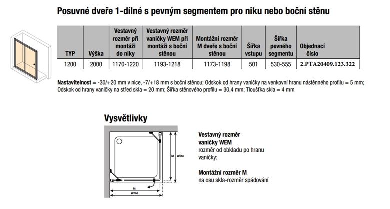 CONCEPT 100 BLACK EDITION sprchové dvere 120x200 cm, posuvné, čierna / číre sklo PTA20409.123.322 Technický nákres