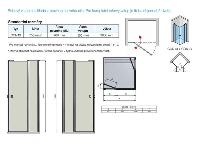 CONCEPT 200 sprchové dvere 75x200 cm, krídlové, čierna / číre sklo CON130750607 Technický nákres