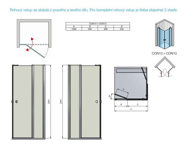 CONCEPT 200 sprchové dvere 100x200 cm, krídlové, čierna / číre sklo CON131000607 Technický nákres