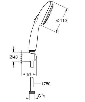 GROHE TEMPESTA 110 sprchová súprava 3-dielna, ručná sprcha pr. 110 mm, 3 prúdy, hadica, držiak, Water Saving, chróm 26639003 Technický nákres