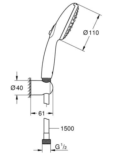 GROHE TEMPESTA 110 sprchová súprava 3-dielna, ručná sprcha pr. 110 mm, 3 prúdy, hadica, držiak, Water Saving, chróm 26920003 Technický nákres
