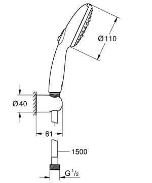 GROHE TEMPESTA 110 sprchová súprava 3-dielna, ručná sprcha pr. 110 mm, 3 prúdy, hadica, držiak, Water Saving, chróm 26920003 Technický nákres