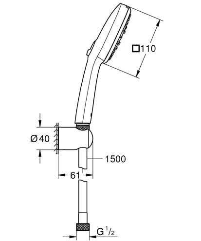 GROHE TEMPESTA CUBE 110 sprchová súprava 3-dielna, ručná sprcha 110x110 mm, 3 prúdy, hadica, držiak, Water Saving, chróm 27588003 Technický nákres