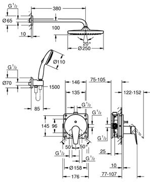 GROHE BAUEDGE sprchový set s podomietkovou batériou, horná sprcha, ručná sprcha s 2 prúdmi, hadica, držiak, chróm 25290000 Technický nákres