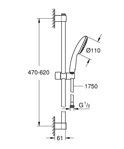 GROHE TEMPESTA 110 sprchová súprava 3-dielna, ručná sprcha pr. 110 mm, tyč, hadica, chróm 27853003 Technický nákres
