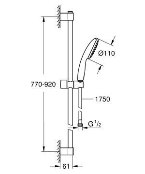 GROHE TEMPESTA 110 sprchová súprava 3-dielna, ručná sprcha pr. 110 mm, tyč, hadica, Water Saving, chróm 27925003 Technický nákres