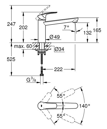 GROHE EUROSMART drezová batéria, matná čierna 304632430 Technický nákres