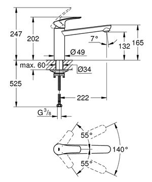 GROHE EUROSMART drezová batéria, matná čierna 304632430 Technický nákres