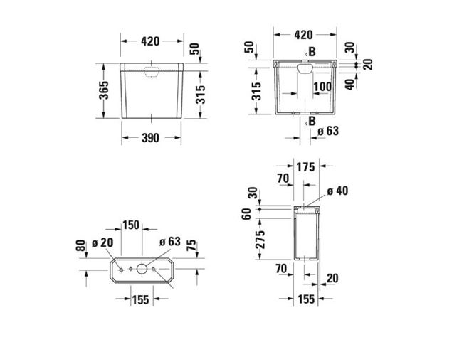 DURAVIT 1930 WC kombi nádržka, spodný prívod vody, Dual-Flush 0872210005 Technický nákres