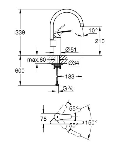 GROHE EUROSMART drezová batéria, matná čierna 332022433 Technický nákres