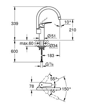 GROHE EUROSMART drezová batéria, matná čierna 332022433 Technický nákres