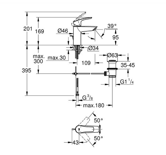 GROHE EUROSMART umývadlová stojanková batéria, s odtokovou súpravou, Water Saving, matná čierna 332652433 Technický nákres
