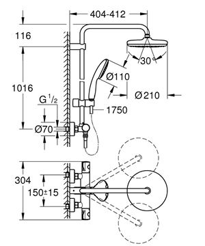 GROHE TEMPESTA SYSTEM 210 sprchový set s termostatickou batériou, horná sprcha, ručná sprcha, tyč, hadica, Water Saving, chróm 26811001 Technický nákres