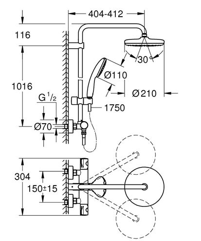 GROHE TEMPESTA SYSTEM 210 sprchový set s termostatickou batériou, horná sprcha, ručná sprcha, tyč, hadica, Water Saving, chróm 26811001 Technický nákres