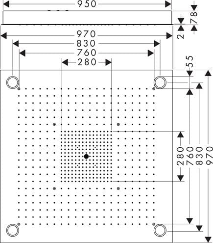 AXOR SHOWER SOLUTIONS SHOWERHEAVEN 970/970 3JET horná sprcha 970x970 mm, 3 prúdy, s LED osvetlením, vzhľad nerezu 10623800 Technický nákres