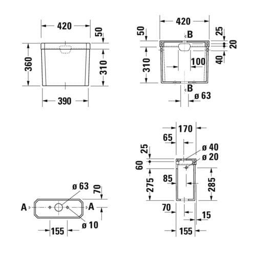 DURAVIT 1930 WC kombi nádržka, bočný prívod vody, Dual-Flush, WonderGliss 08722000051 Technický nákres