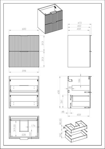 JIKA NOBU skrinka pod umývadlo 60x45,2x63,5 cm, 2 zásuvky, matná biela H40P1695633041 Technický nákres