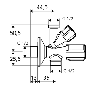 SCHELL COMFORT dvojitý rohový ventil 1/2"x1/2"x1/2", chróm 035700699 Technický nákres