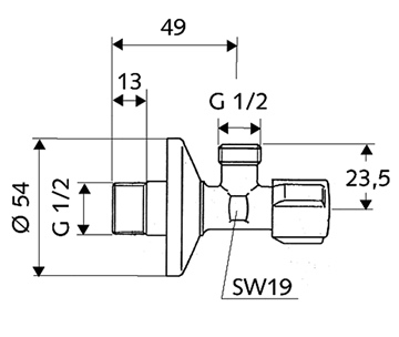 SCHELL COMFORT rohový ventil 1/2"x1/2", chróm 052170699 Technický nákres