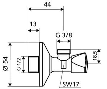 SCHELL SANLAND rohový ventil 1/2"x3/8", chróm 970350000 Technický nákres