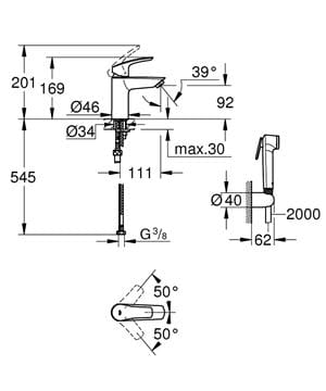 GROHE EUROSMART umývadlová stojanková batéria, s bidetovou sprškou, Water Saving, matná čierna 231242433 Technický nákres