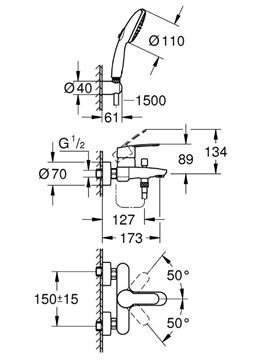 GROHE EUROSTYLE COSMOPOLITAN vaňová nástenná batéria, s prepínačom, so sprchovou súpravou, chróm 25275002 Technický nákres