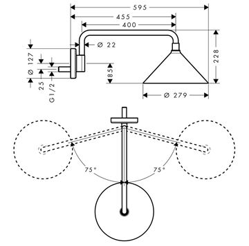 AXOR SHOWERS/FRONT 240 2JET horná sprcha pr. 279 mm, 2 prúdy, s ramenom, chróm 26021000 Technický nákres