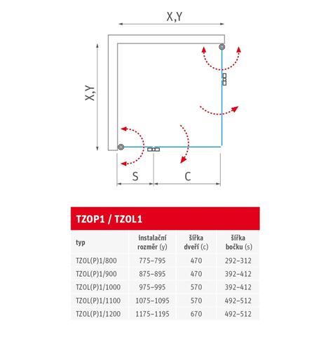 ROTH TOWER LINE TZOP1/1200 sprchové dvere 120x200 cm, skladacie, pravé, brillant/sklo transparent 737-120000P-00-02 Technický nákres