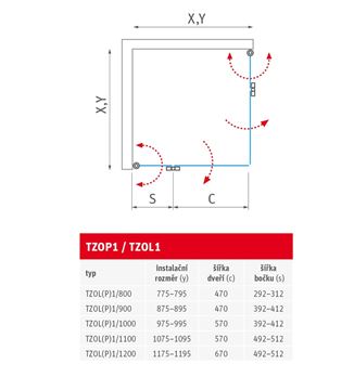 ROTH TOWER LINE TZOP1/1200 sprchové dvere 120x200 cm, skladacie, pravé, brillant/sklo transparent 737-120000P-00-02 Technický nákres