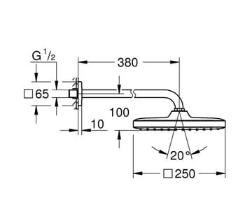 GROHE TEMPESTA 250 CUBE horná sprcha 250x250 mm, s ramenom, Water Saving, matná čierna 266872430 Technický nákres