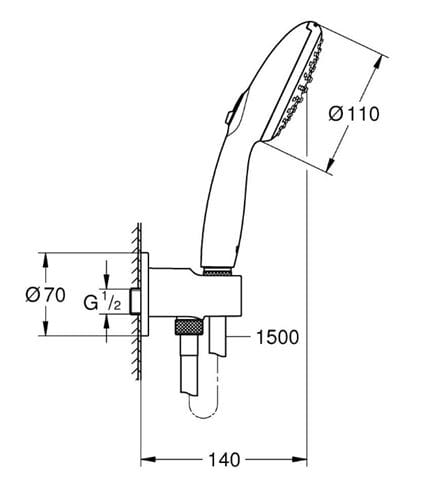 GROHE TEMPESTA 110 sprchová súprava 3-dielna, ručná sprcha pr. 110 mm, 2 prúdy, hadica, držiak, Water Saving, matná čierna 264062433 Technický nákres