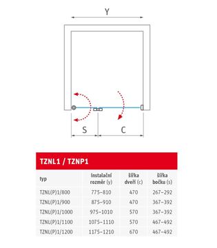 ROTH TOWER LINE TZNL1/800 sprchové dvere 80x200 cm, skladacie, ľavé, brillant/sklo transparent 739-800000L-00-02 Technický nákres