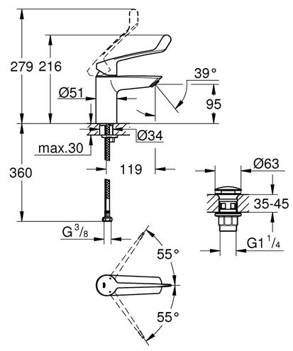 GROHE EUROSMART umývadlová stojanková batéria, s odtokovou súpravou, Water Saving, chróm 23982003 Technický nákres