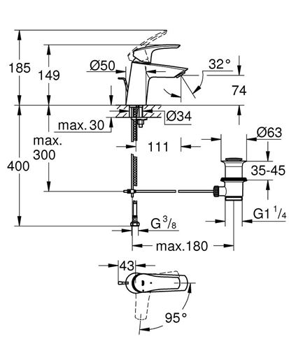 GROHE EUROSMART umývadlová stojanková batéria, s odtokovou súpravou, Water Saving, chróm 23969003 Technický nákres